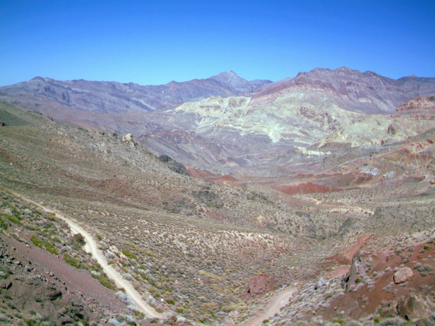 Colorful eroded hills along a dirt road in Death Valley