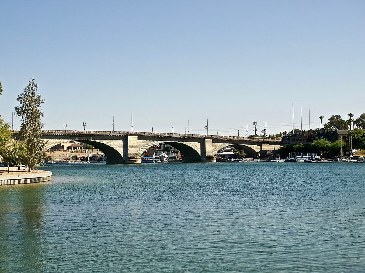 The London Bridge crossing the channel at Lake Havasu City